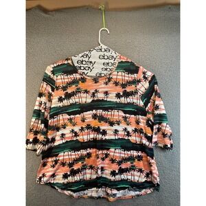 SUN BAY Womens Plus Size 2X Tropical Island Print 3/4 Sleeve‎ Scoop Neck Shirt